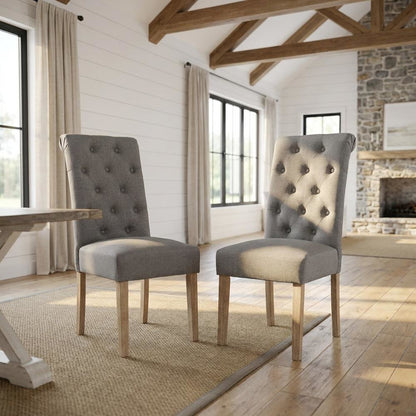 Solid Wood Tufted Parsons Upholstered Fabric Dining Chairs, Grey, Set of 2