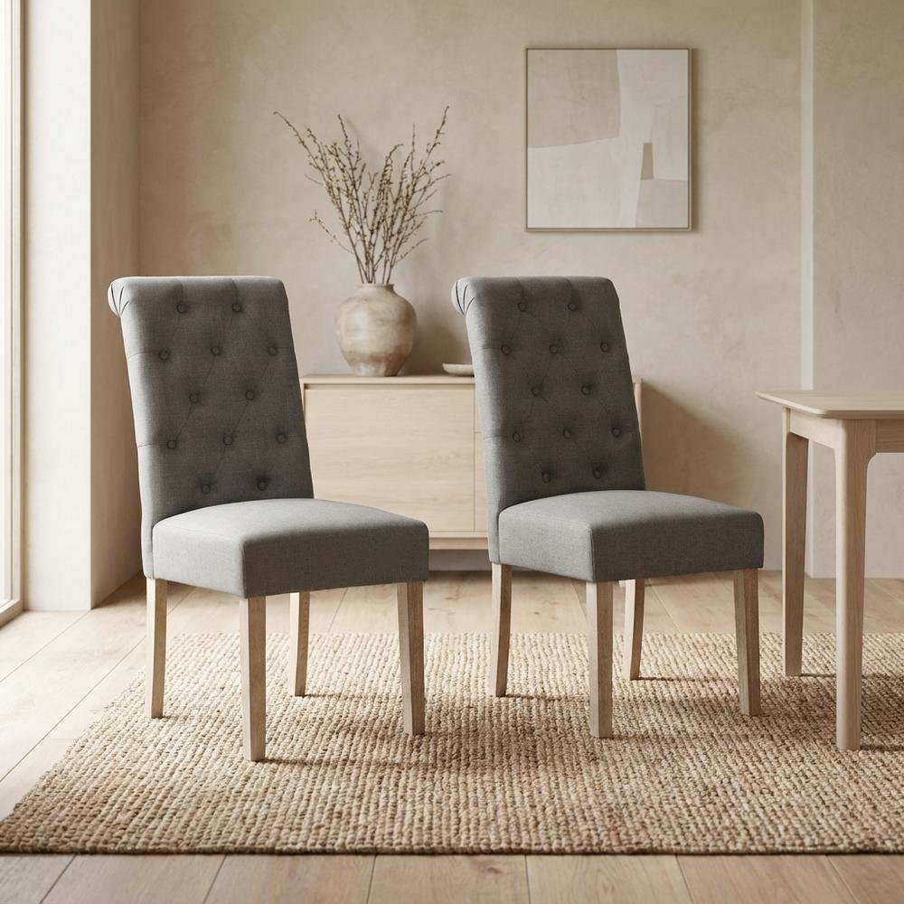 Solid Wood Tufted Parsons Upholstered Fabric Dining Chairs, Grey, Set of 2