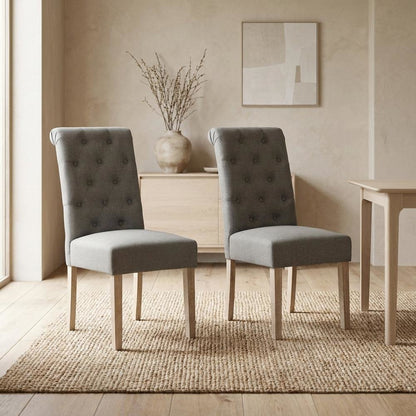 Solid Wood Tufted Parsons Upholstered Fabric Dining Chairs, Grey, Set of 2