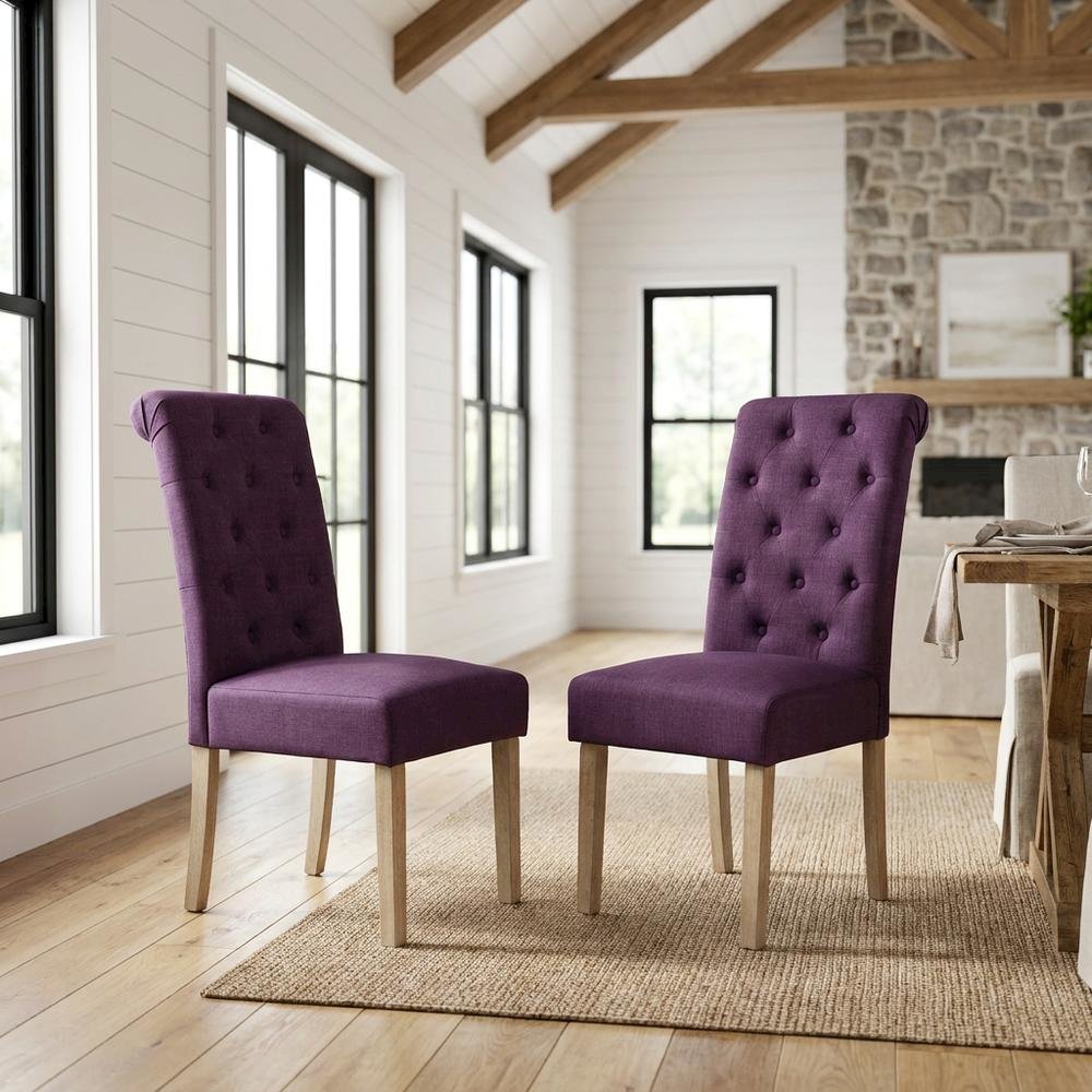 Solid Wood Tufted Parsons Upholstered Fabric Dining Chairs, Purple, Set of 2