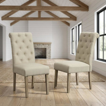 Solid Wood Tufted Parsons Upholstered Fabric Dining Chairs, Tan, Set of 2
