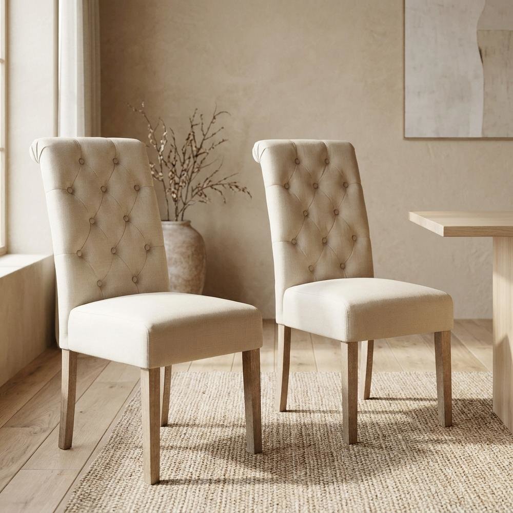 Solid Wood Tufted Parsons Upholstered Fabric Dining Chairs, Tan, Set of 2