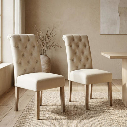 Solid Wood Tufted Parsons Upholstered Fabric Dining Chairs, Tan, Set of 2