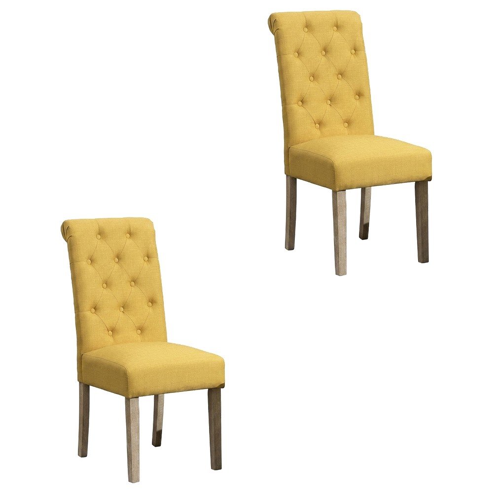 Solid Wood Tufted Parsons Upholstered Fabric Dining Chairs, Yellow, Set of 2