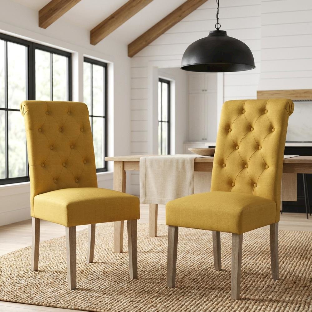 Solid Wood Tufted Parsons Upholstered Fabric Dining Chairs, Yellow, Set of 2