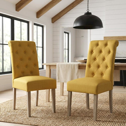 Solid Wood Tufted Parsons Upholstered Fabric Dining Chairs, Yellow, Set of 2