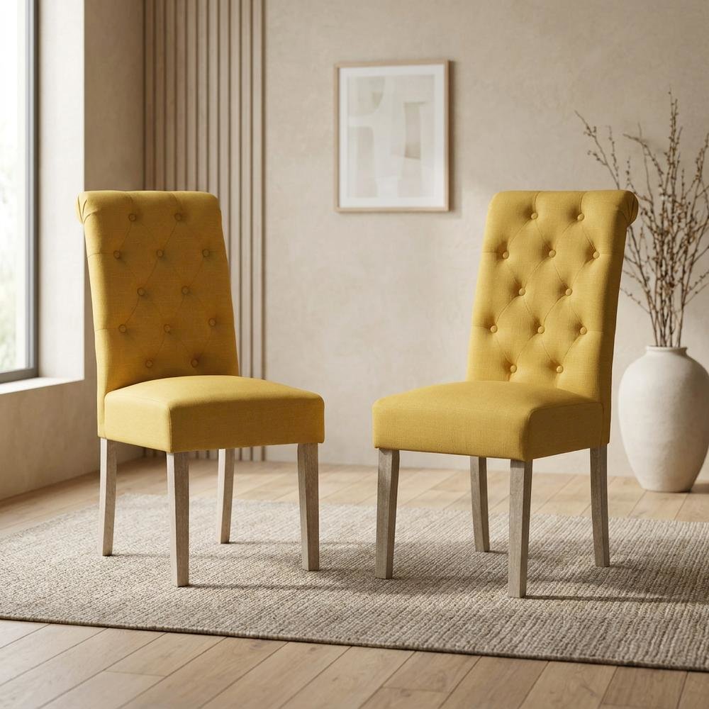 Solid Wood Tufted Parsons Upholstered Fabric Dining Chairs, Yellow, Set of 2