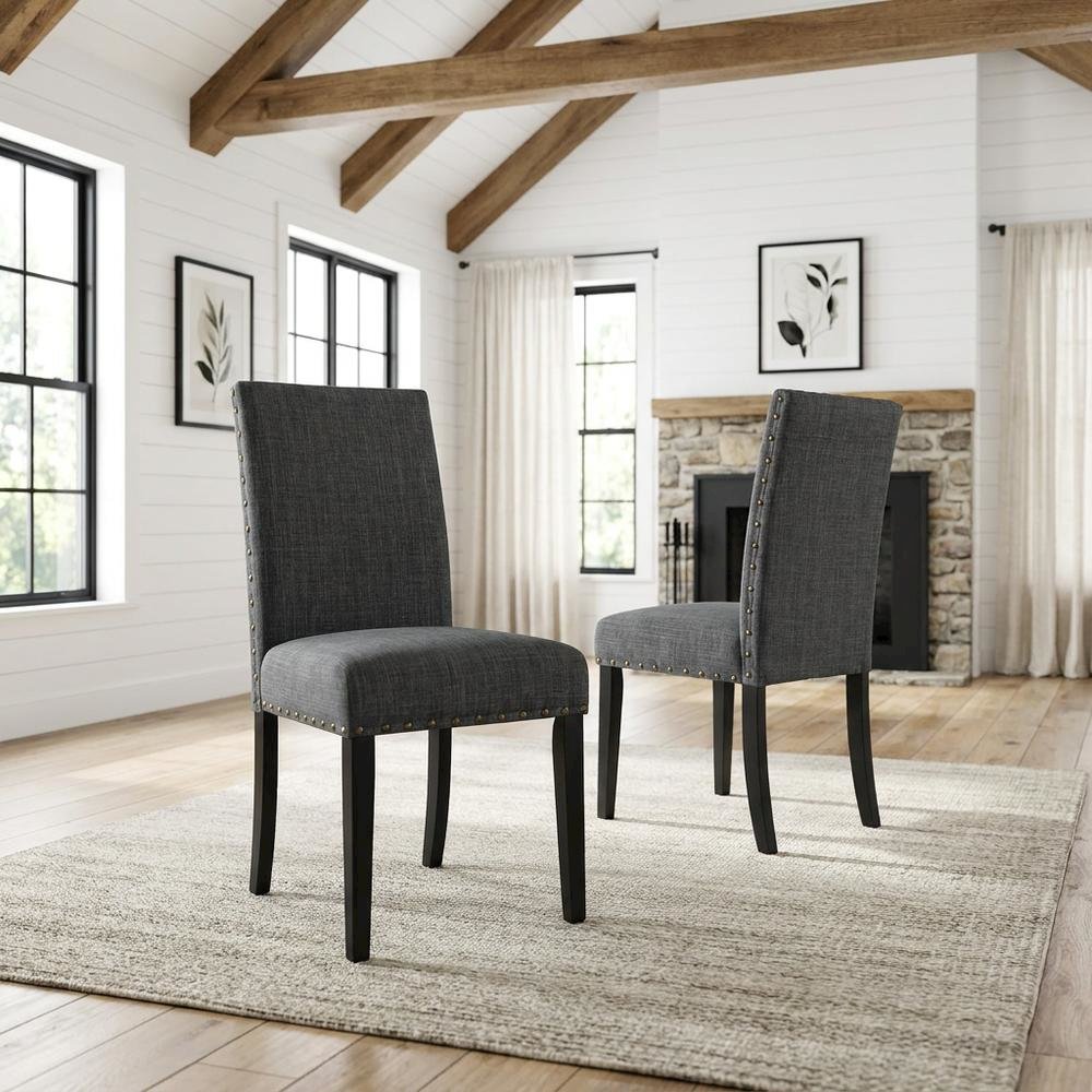 Fabric-Upholstered Dining Chairs with Nailhead Trim, Grey, Set of 2