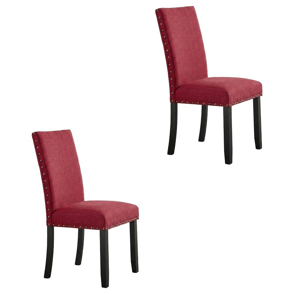 Fabric Upholstered Dining Chairs with Nailhead Trim, Red, Set of 2