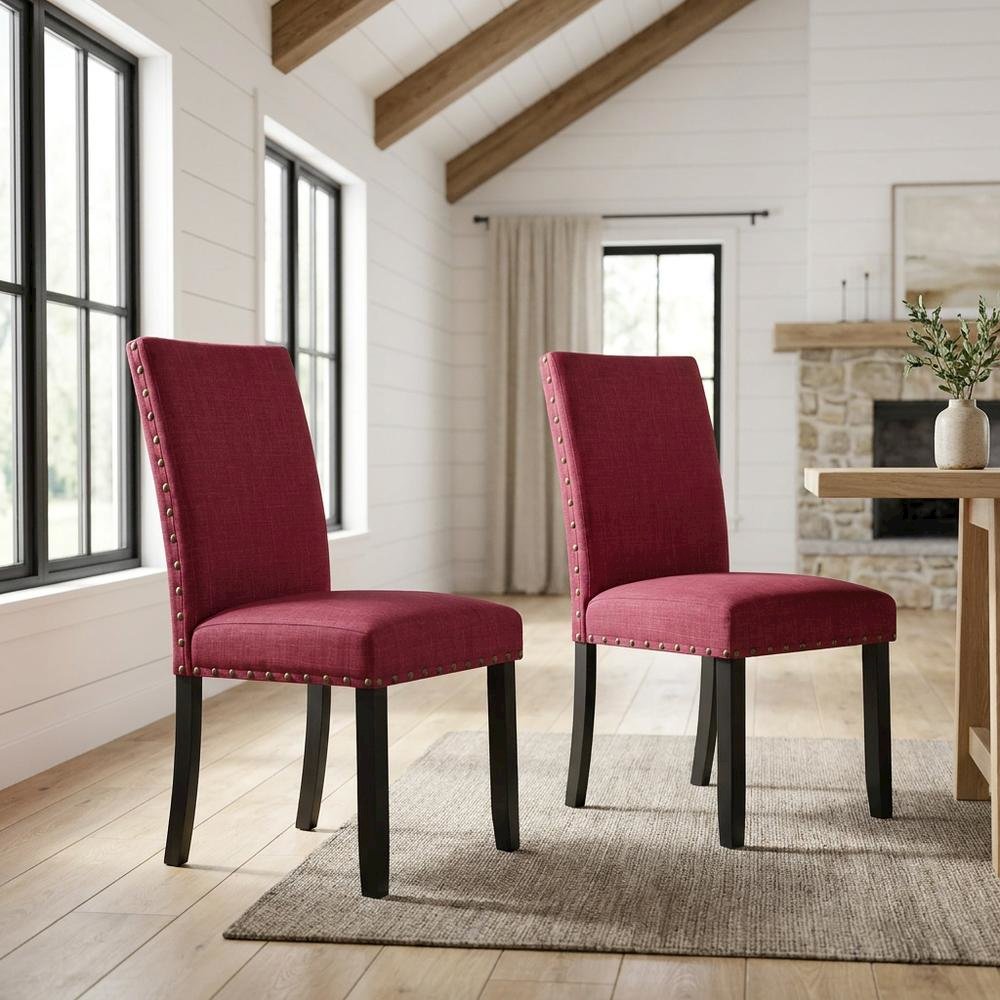 Fabric Upholstered Dining Chairs with Nailhead Trim, Red, Set of 2