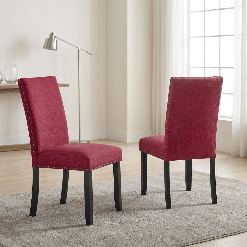 Fabric Upholstered Dining Chairs with Nailhead Trim, Red, Set of 2