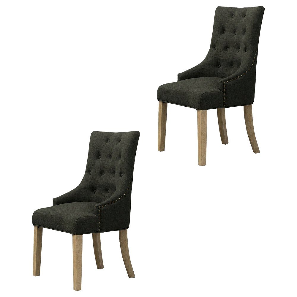 Solid Wood Wingback Accent Chair, Button-Tufted, Charcoal, Set of 2