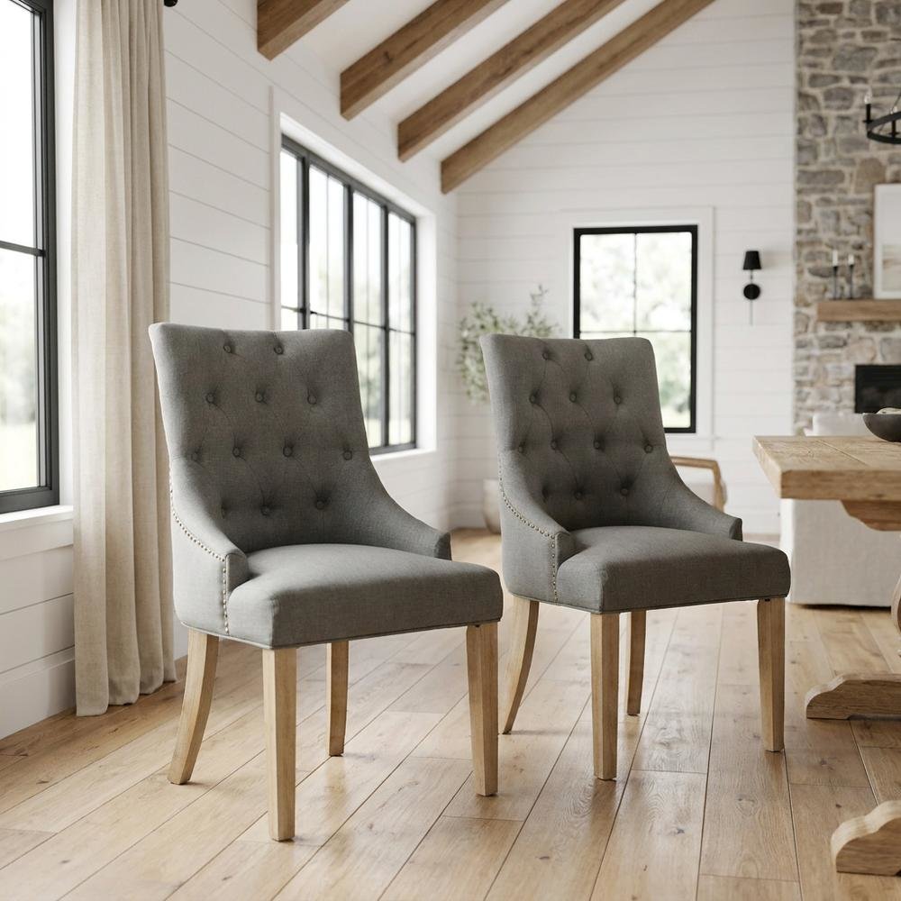 Solid Wood Wingback Accent Chair, Button-Tufted with Nail Heads, Grey, Set of 2