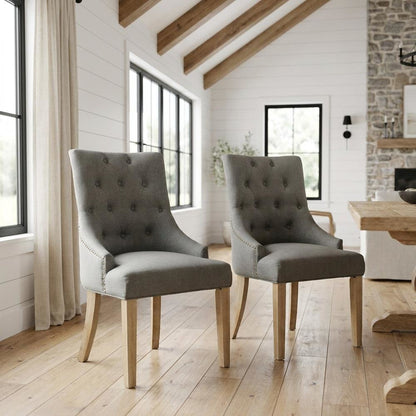 Solid Wood Wingback Accent Chair, Button-Tufted with Nail Heads, Grey, Set of 2