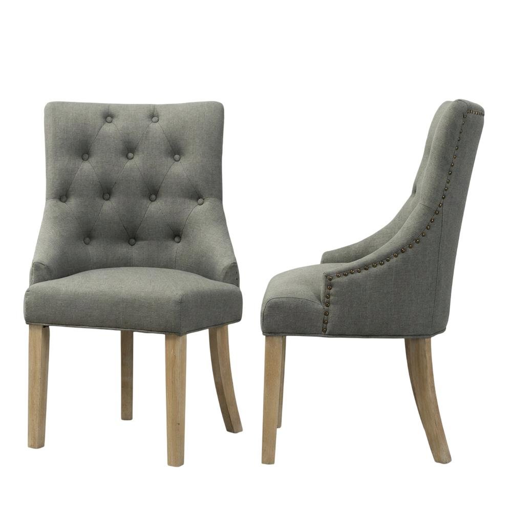 Solid Wood Wingback Accent Chair, Button-Tufted with Nail Heads, Grey, Set of 2