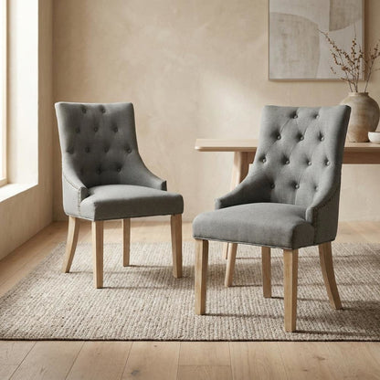Solid Wood Wingback Accent Chair, Button-Tufted with Nail Heads, Grey, Set of 2