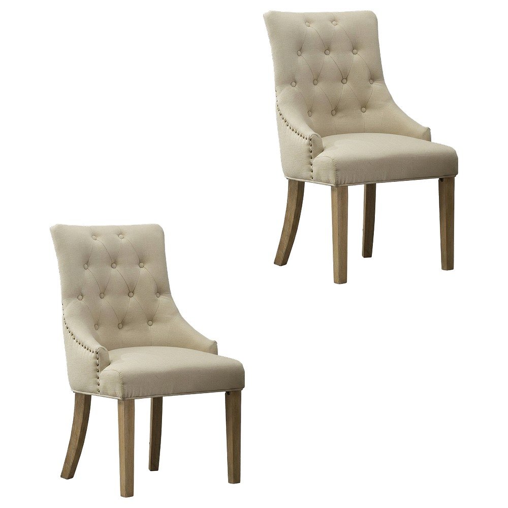 Solid Wood Wingback Accent Chair, Button-Tufted with Nail Heads, Tan, Set of 2