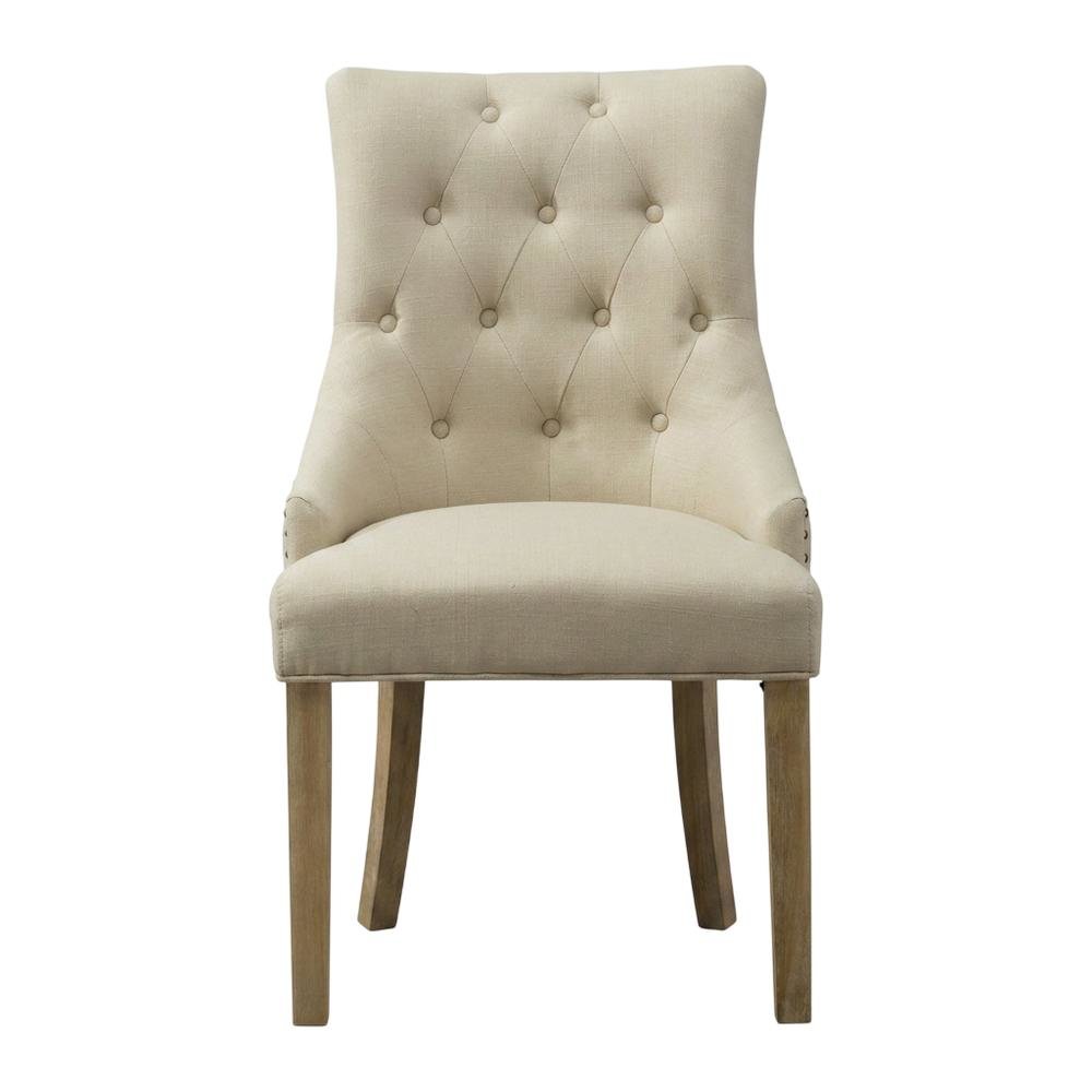 Solid Wood Wingback Accent Chair, Button-Tufted with Nail Heads, Tan, Set of 2