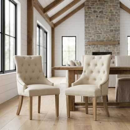 Solid Wood Wingback Accent Chair, Button-Tufted with Nail Heads, Tan, Set of 2