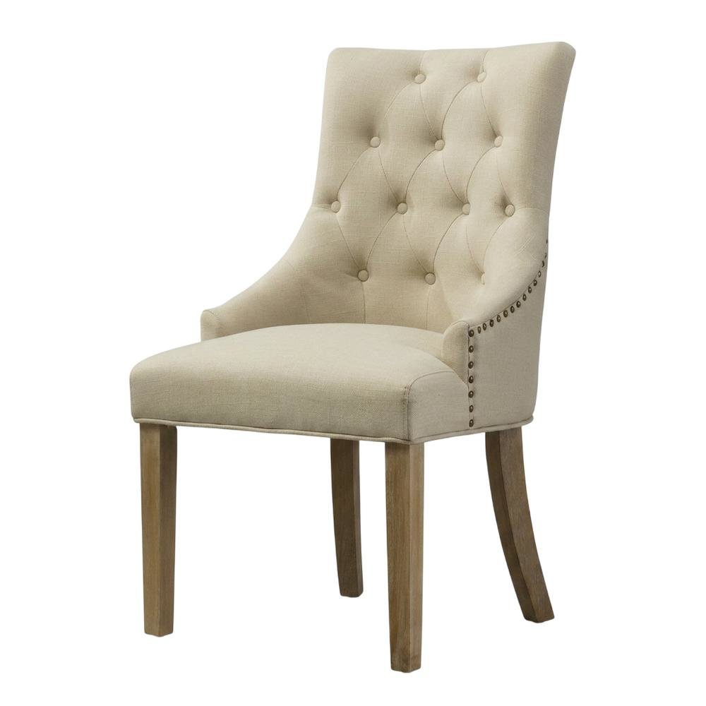 Solid Wood Wingback Accent Chair, Button-Tufted with Nail Heads, Tan, Set of 2