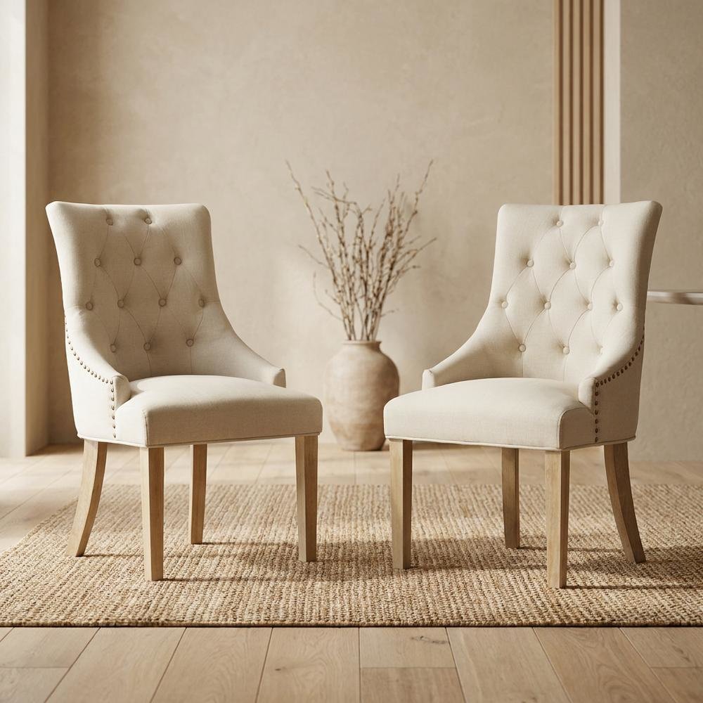 Solid Wood Wingback Accent Chair, Button-Tufted with Nail Heads, Tan, Set of 2