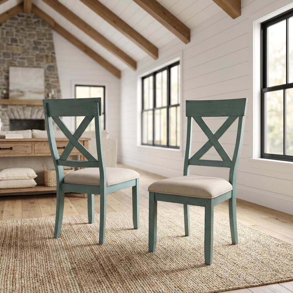 Wood Cross-Back Upholstered Dining Chairs, Blue, Set of 2