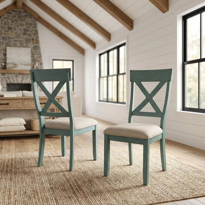 Wood Cross-Back Upholstered Dining Chairs, Blue, Set of 2