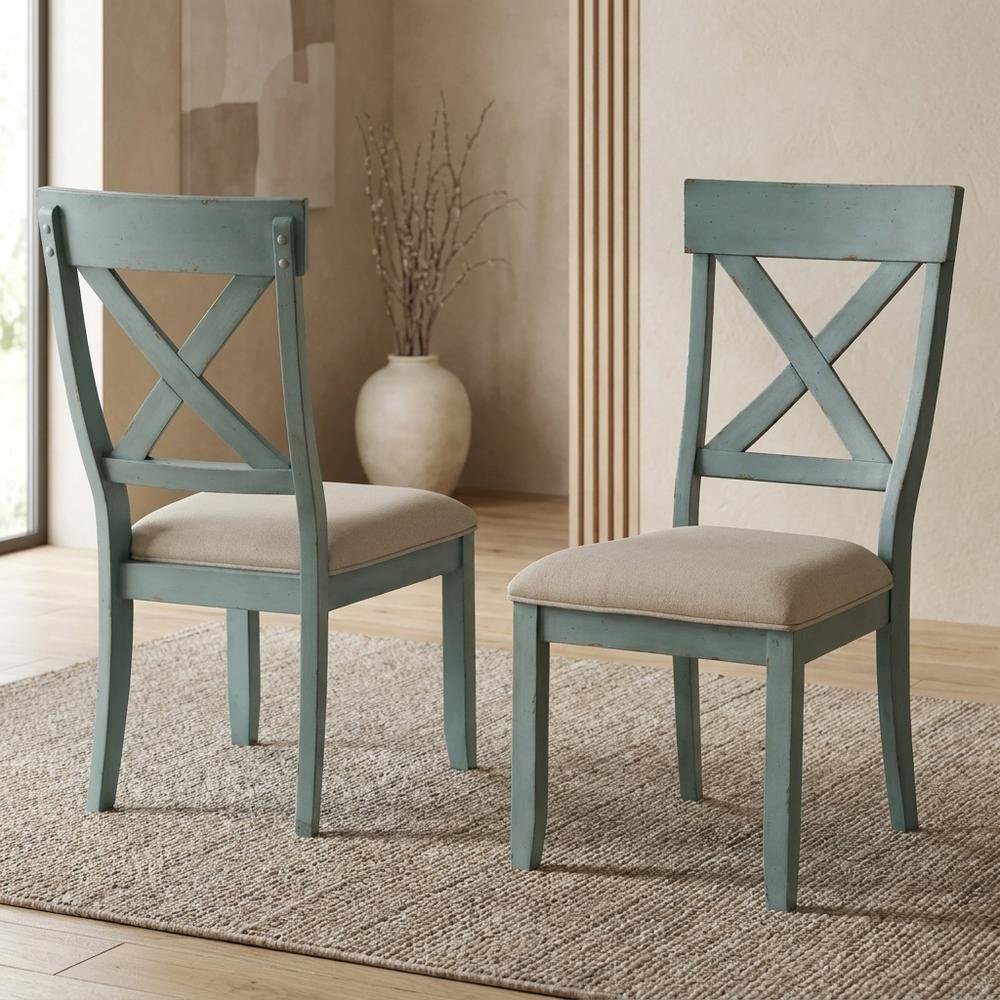 Wood Cross-Back Upholstered Dining Chairs, Blue, Set of 2