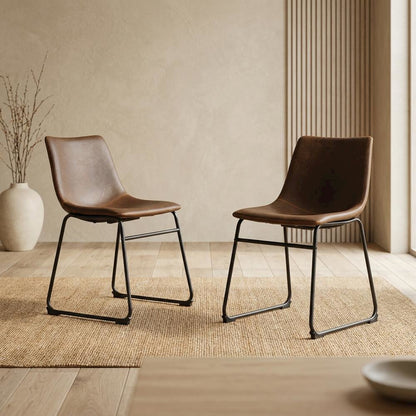 Vintage Faux Leather Upholstered Dining Chairs with Wood Legs, Brown, Set of 2