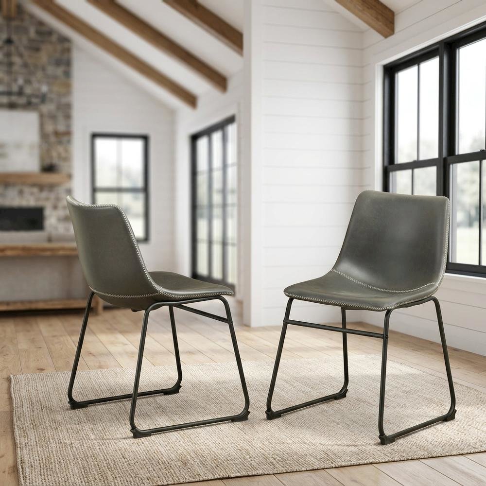Vintage Faux Leather Upholstered Dining Chairs with Wood Legs, Grey, Set of 2
