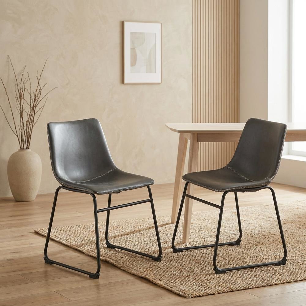 Vintage Faux Leather Upholstered Dining Chairs with Wood Legs, Grey, Set of 2