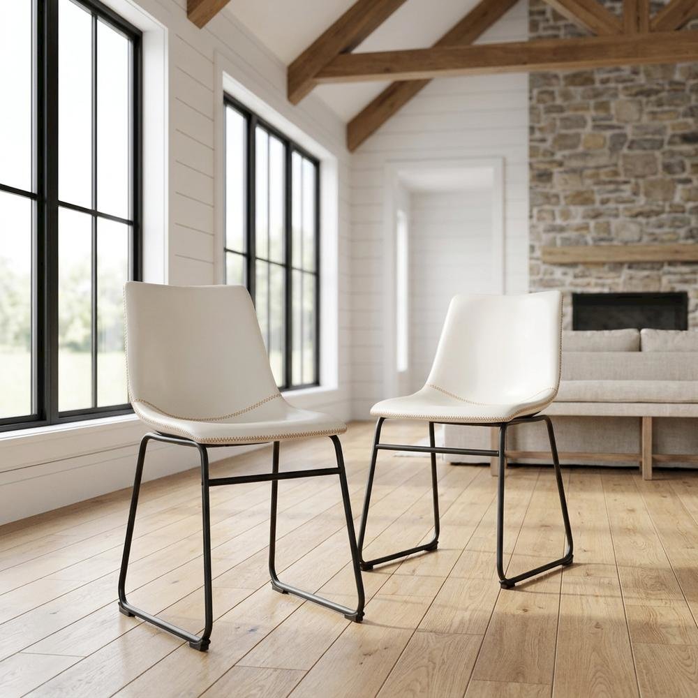 Vintage Faux Leather Upholstered Dining Chairs with Wood Legs, White, Set of 2