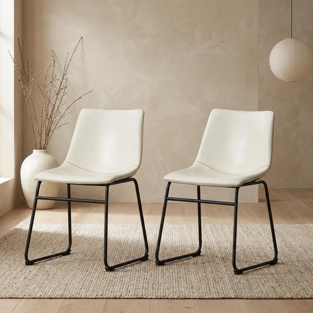 Vintage Faux Leather Upholstered Dining Chairs with Wood Legs, White, Set of 2