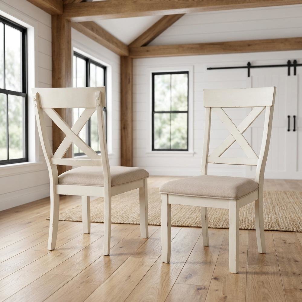 Wood Cross-Back Upholstered Dining Chairs, White, Set of 2
