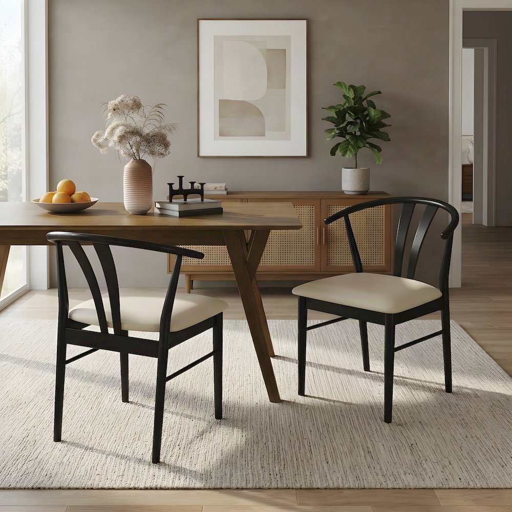 Upholstered Faux Leather Wishbone Kitchen Dining Chairs, Set of 2, Black