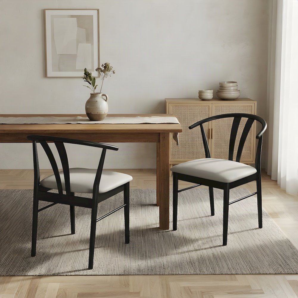Upholstered Faux Leather Wishbone Kitchen Dining Chairs, Set of 2, Black