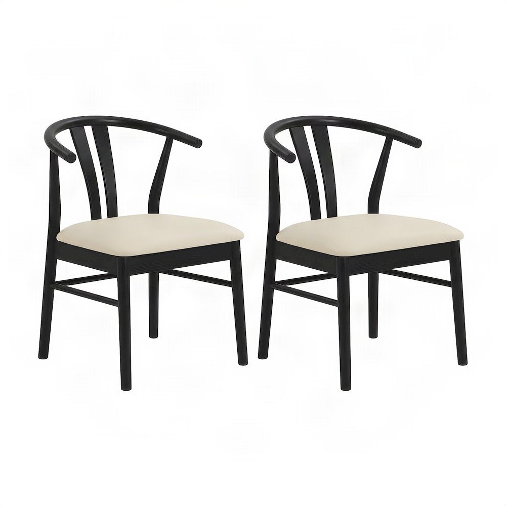 Upholstered Faux Leather Wishbone Kitchen Dining Chairs, Set of 2, Black