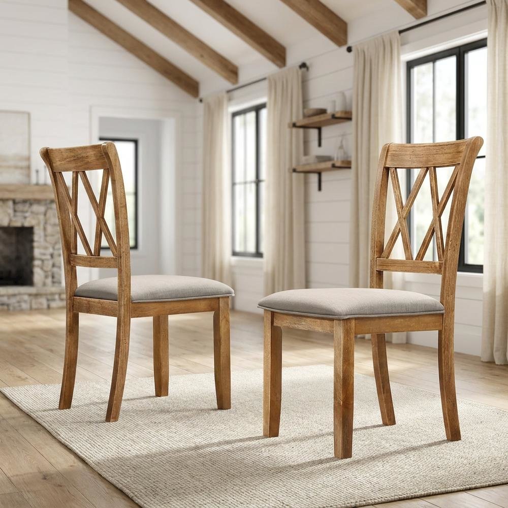 Fabric Upholstered Dining Chairs with Wood Legs, Brown, Set of 2