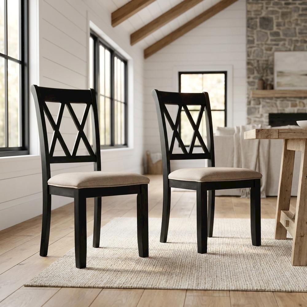 Fabric Upholstered Dining Chairs with Wood Legs, Black, Set of 2