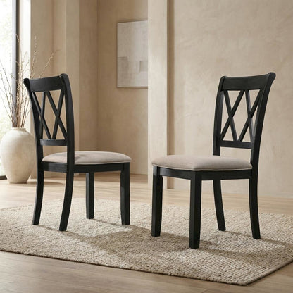 Fabric Upholstered Dining Chairs with Wood Legs, Black, Set of 2