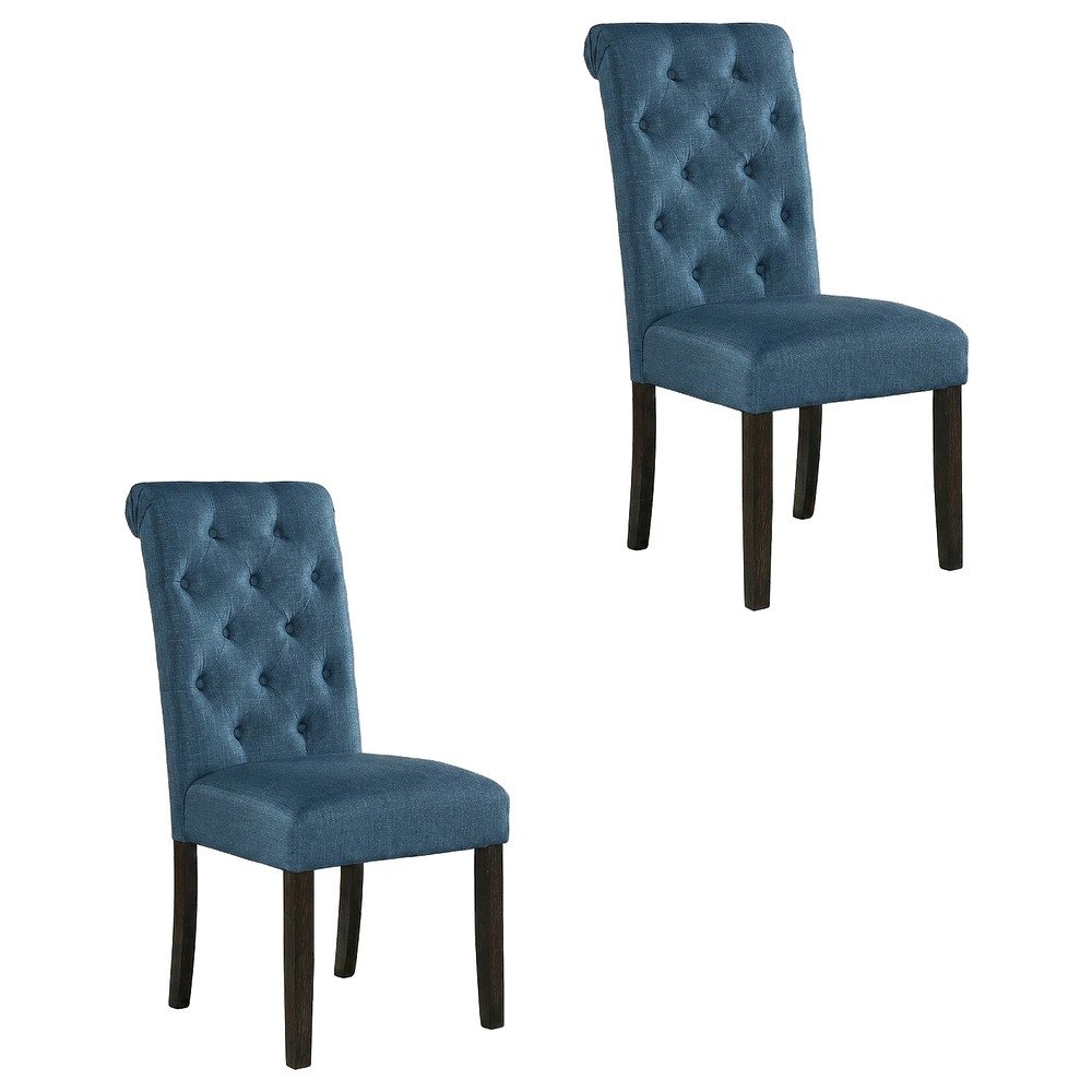 Solid Wood Upholstered Button-Tufted Parsons Dining Chairs, Blue, Set of 2