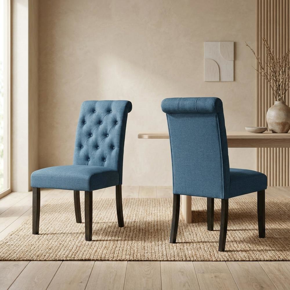 Solid Wood Upholstered Button-Tufted Parsons Dining Chairs, Blue, Set of 2