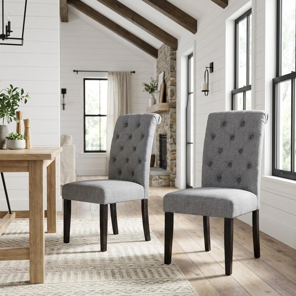 Solid Wood Upholstered Button-Tufted Parsons Dining Chairs, Grey, Set of 2