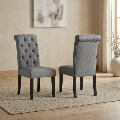 Solid Wood Upholstered Button-Tufted Parsons Dining Chairs, Grey, Set of 2