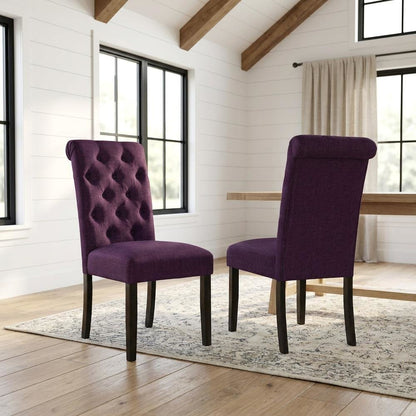 Solid Wood Upholstered Button-Tufted Parsons Dining Chairs, Purple, Set of 2