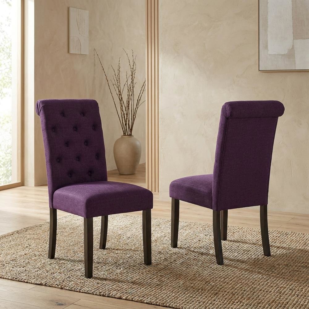 Solid Wood Upholstered Button-Tufted Parsons Dining Chairs, Purple, Set of 2