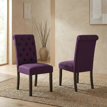 Solid Wood Upholstered Button-Tufted Parsons Dining Chairs, Purple, Set of 2