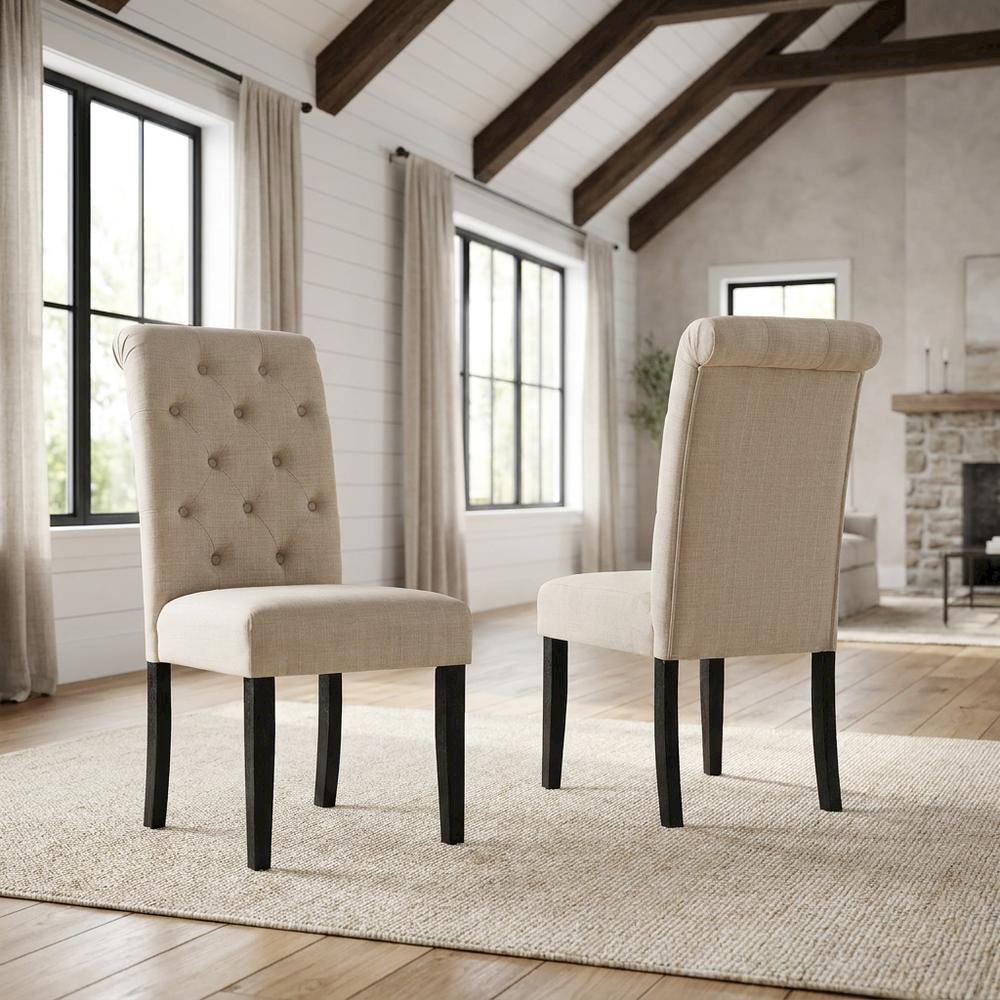 Solid Wood Upholstered Button-Tufted Parsons Dining Chairs, Tan, Set of 2