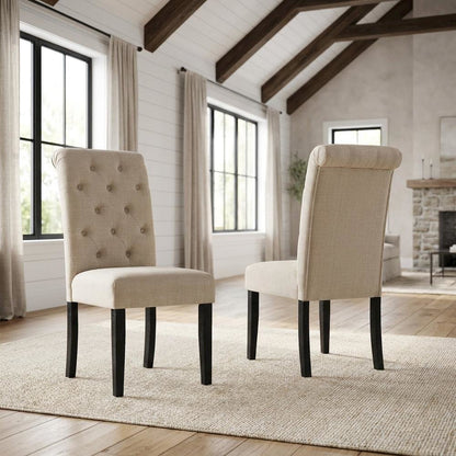 Solid Wood Upholstered Button-Tufted Parsons Dining Chairs, Tan, Set of 2