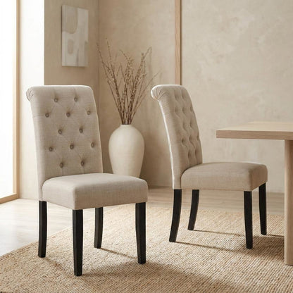 Solid Wood Upholstered Button-Tufted Parsons Dining Chairs, Tan, Set of 2